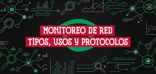 Ilustración abstracta de monitoreo de red con nodos conectados, lupas, gráficos de métricas y flechas en verde y gris