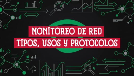 Ilustración abstracta de monitoreo de red con nodos conectados, lupas, gráficos de métricas y flechas en verde y gris