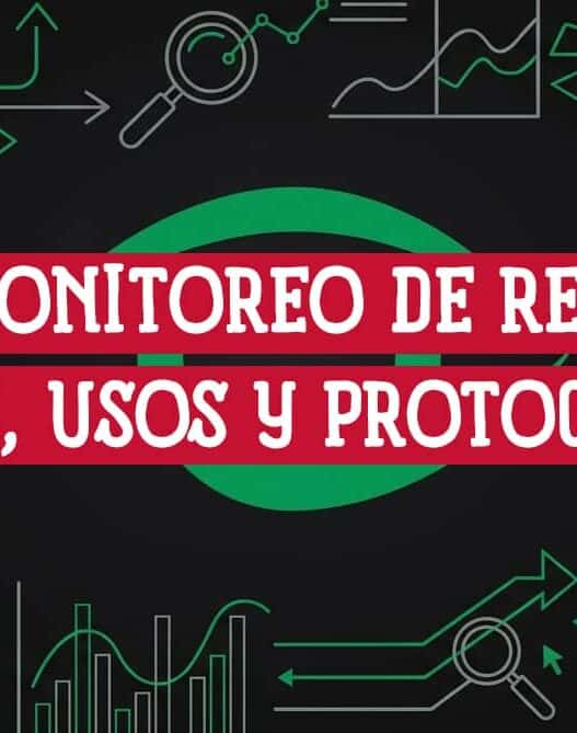 Ilustración abstracta de monitoreo de red con nodos conectados, lupas, gráficos de métricas y flechas en verde y gris