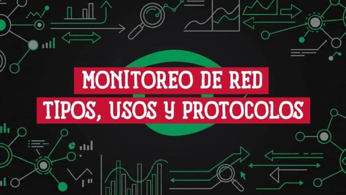 Ilustración abstracta de monitoreo de red con nodos conectados, lupas, gráficos de métricas y flechas en verde y gris