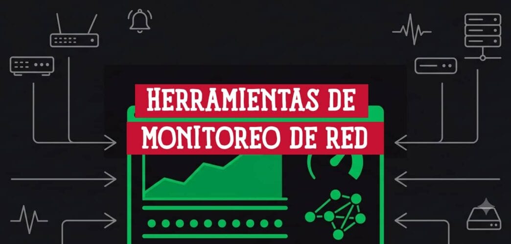 Panel de herramientas de monitoreo de red con gráfica de tráfico, medidor y dispositivos de red alrededor