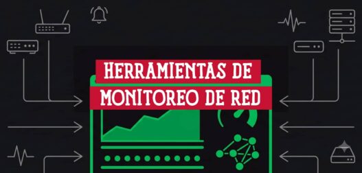 Panel de herramientas de monitoreo de red con gráfica de tráfico, medidor y dispositivos de red alrededor