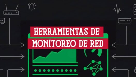 Panel de herramientas de monitoreo de red con gráfica de tráfico, medidor y dispositivos de red alrededor