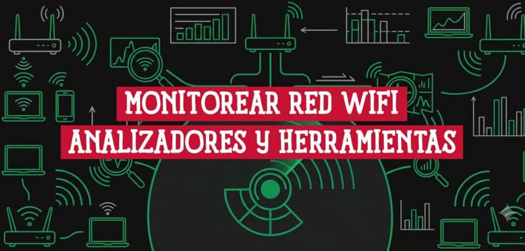 Iconos de routers, laptops y analizadores WiFi sobre fondo oscuro; ilustra cómo monitorear tu red WiFi con herramientas