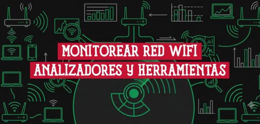 Iconos de routers, laptops y analizadores WiFi sobre fondo oscuro; ilustra cómo monitorear tu red WiFi con herramientas