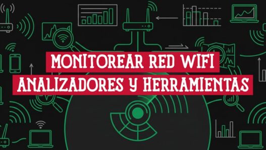 Iconos de routers, laptops y analizadores WiFi sobre fondo oscuro; ilustra cómo monitorear tu red WiFi con herramientas