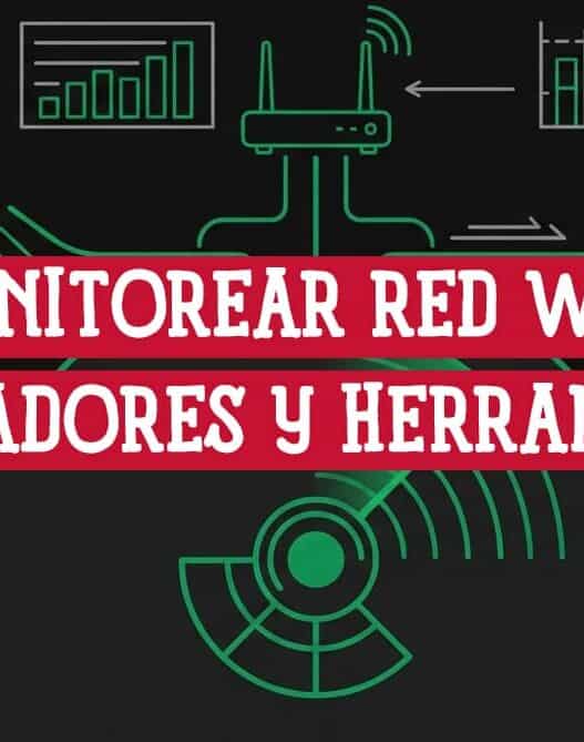 Iconos de routers, laptops y analizadores WiFi sobre fondo oscuro; ilustra cómo monitorear tu red WiFi con herramientas