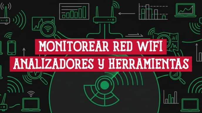 Iconos de routers, laptops y analizadores WiFi sobre fondo oscuro; ilustra cómo monitorear tu red WiFi con herramientas