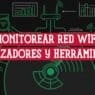 Iconos de routers, laptops y analizadores WiFi sobre fondo oscuro; ilustra cómo monitorear tu red WiFi con herramientas
