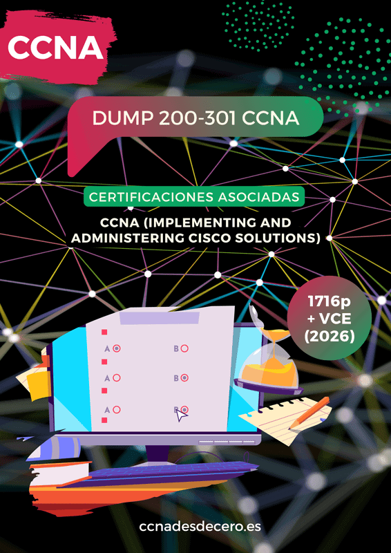 Portada del dump CCNA 200-301 con 1716 preguntas reales y simulador VCE actualizado 2026 para la certificación Implementing and Administering Cisco Solutions