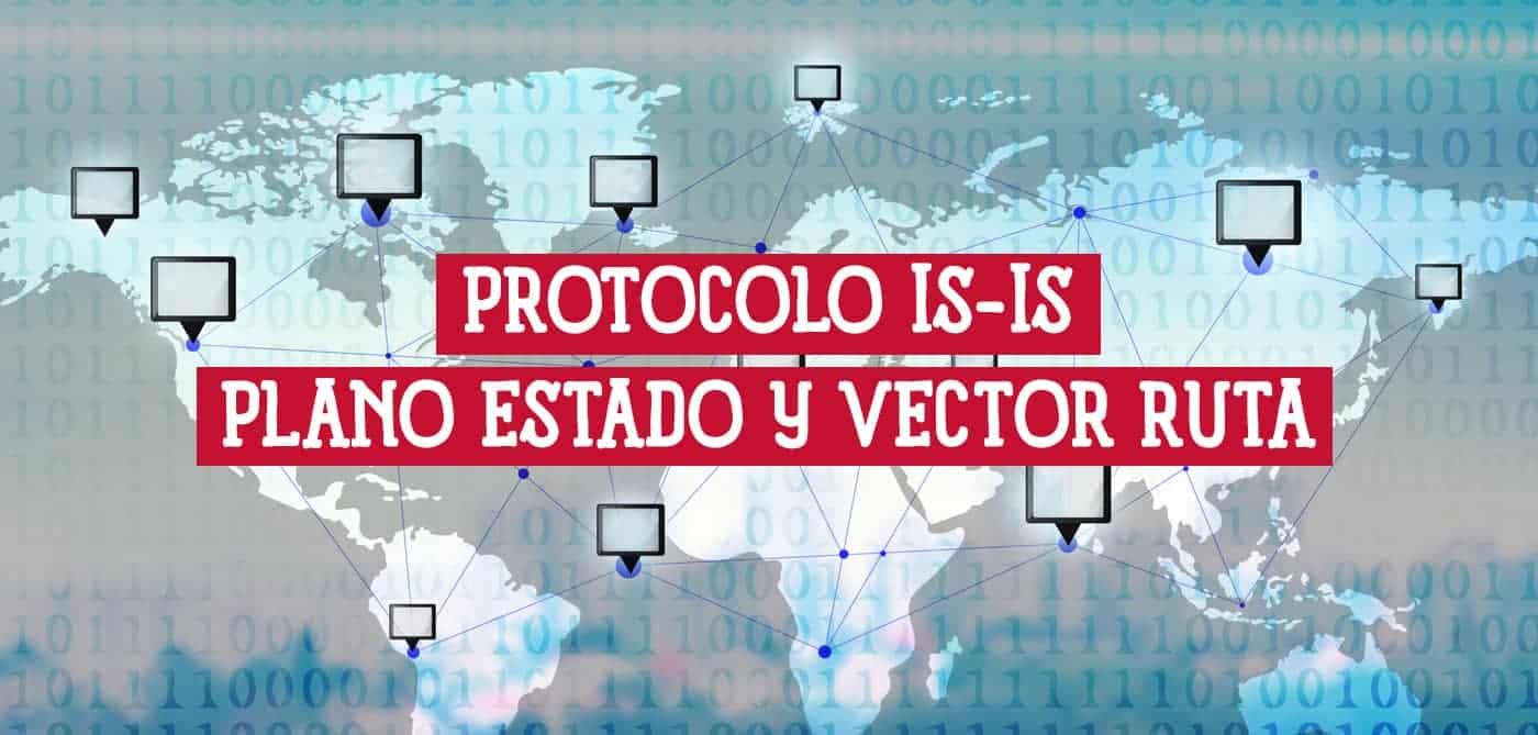 Mapa mundial con nodos de red conectados, texto sobre el protocolo IS-IS.