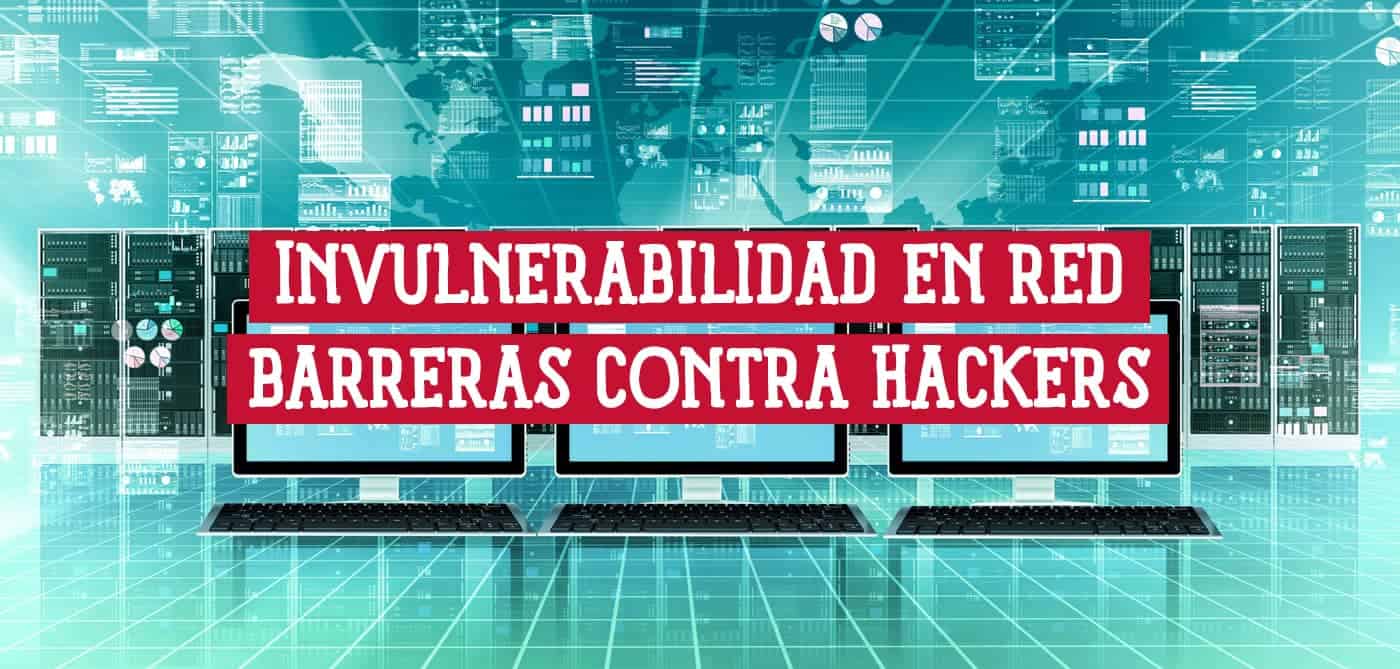 Ilustración de servidores y computadoras con el texto "Invulnerabilidad en Red: Barreras Contra Hackers".