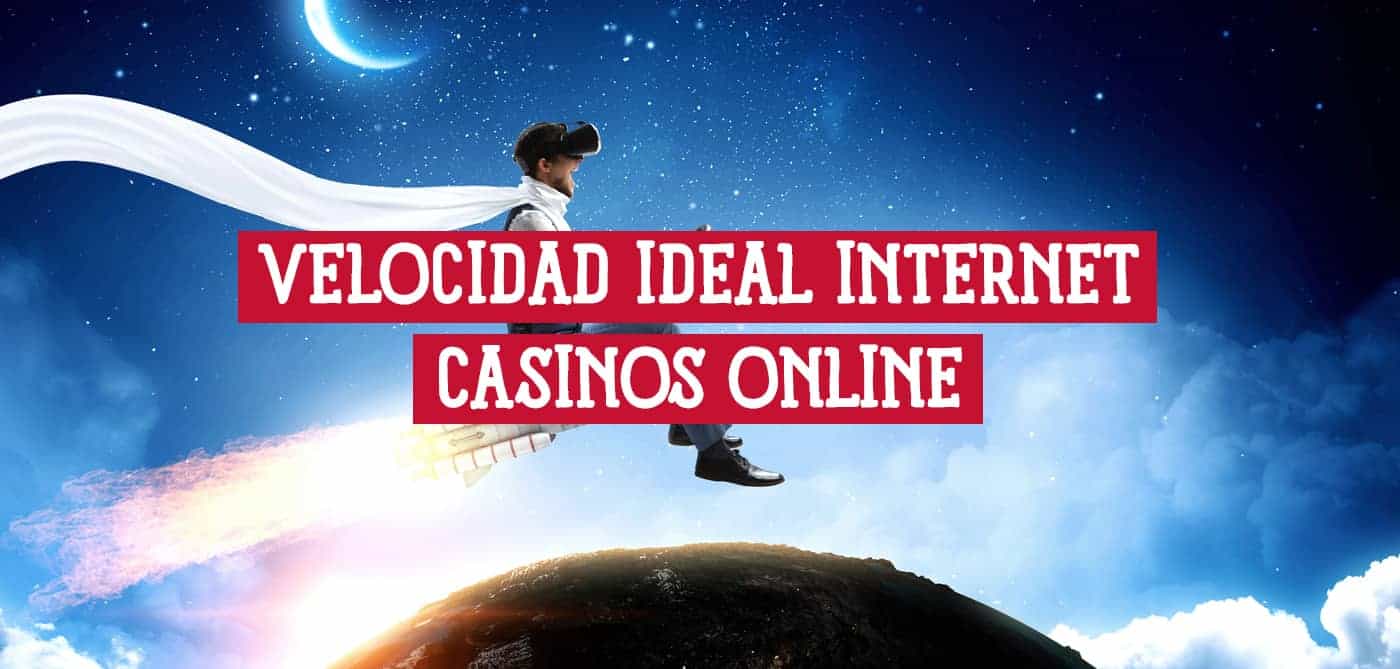 Imagen de un hombre volando en un cohete con gafas de realidad virtual, con el texto "Velocidad ideal internet casinos online".