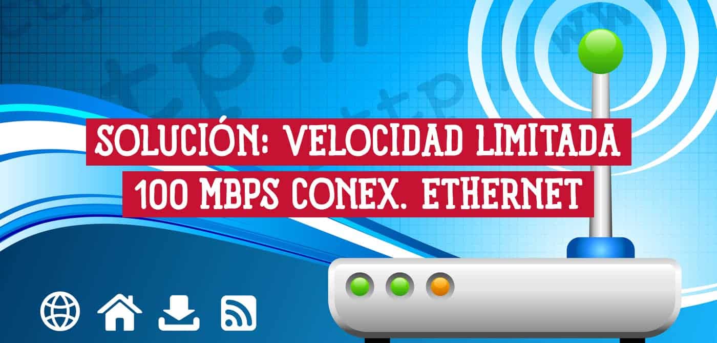 Ilustración de un router con una señal de velocidad limitada a 100 Mbps en una conexión Ethernet.