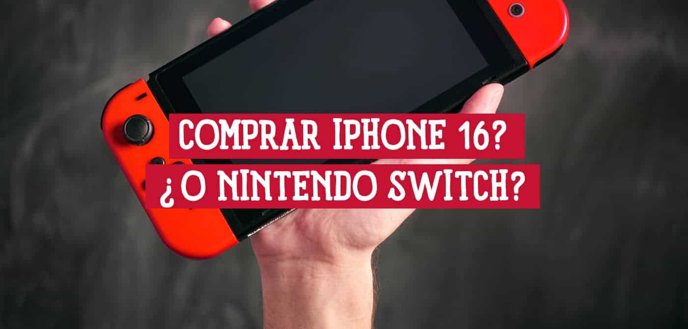 Mano sosteniendo una Nintendo Switch con la pregunta "¿Comprar iPhone 16? ¿O Nintendo Switch?"