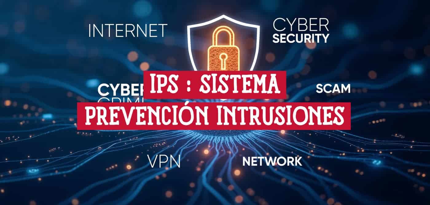 Imagen gráfica que representa un IPS (Sistema de Prevención de Intrusiones) con elementos de seguridad cibernética.
