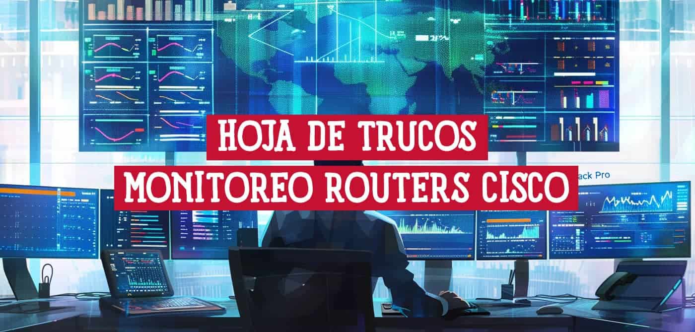 Ilustración de una persona monitoreando routers Cisco usando una hoja de trucos.
