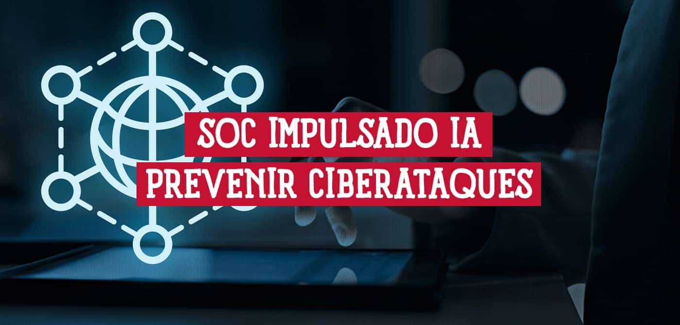 Manos usando una tableta con una representación gráfica de un SOC impulsado por IA.