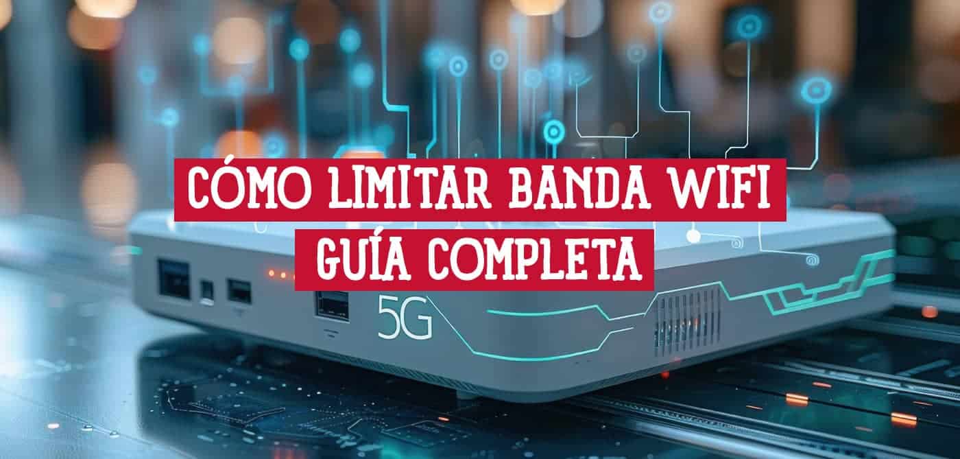 Imagen de un router 5G moderno con texto superpuesto que anuncia una guía completa sobre cómo limitar el ancho de banda WiFi.