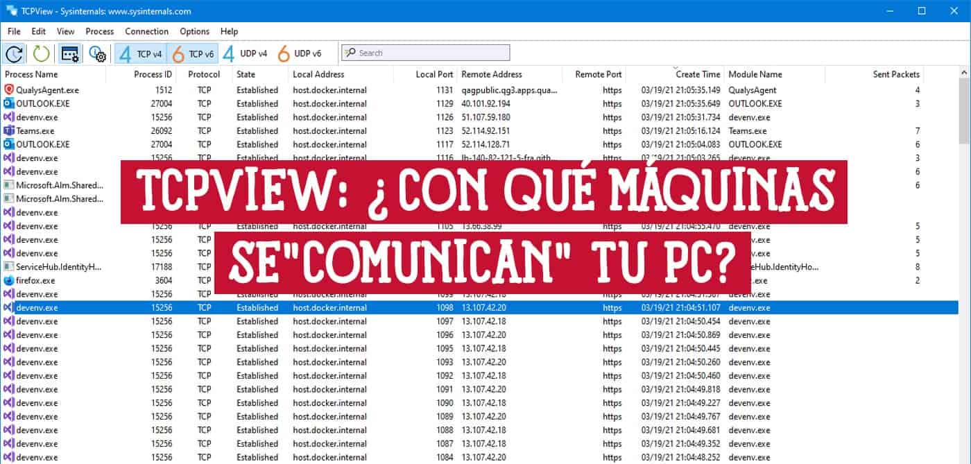 Captura de pantalla de TCPView mostrando conexiones de red. El título sobre la imagen pregunta "¿Con qué máquinas se comunican tu PC?".