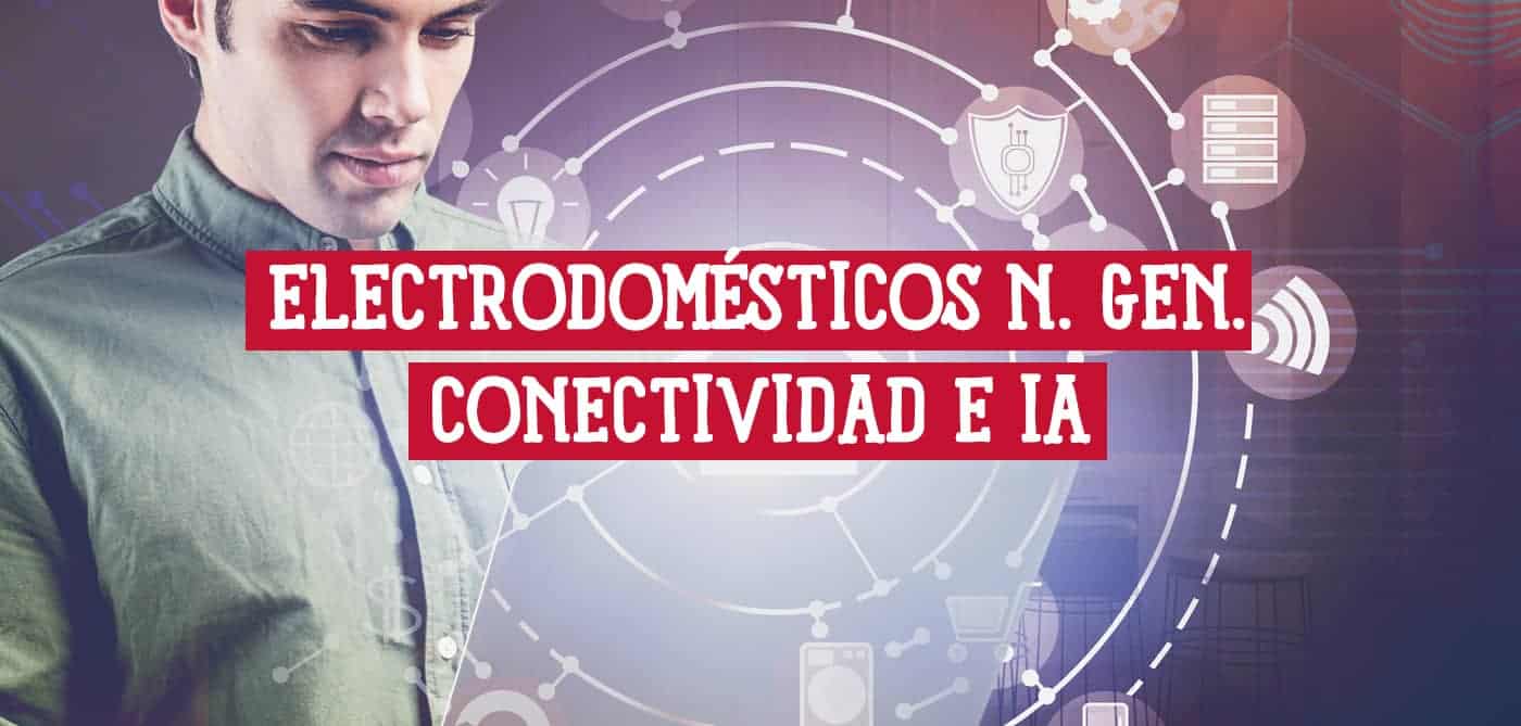 Hombre mirando una pantalla con iconos que representan electrodomésticos inteligentes, conectividad e IA.