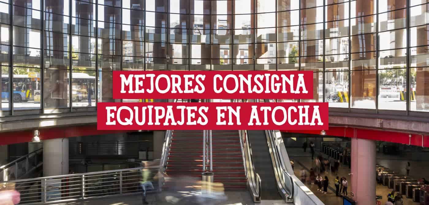 Imagen de la estación de Atocha en Madrid con un texto superpuesto que dice 'Mejores Consigna Equipajes en Atocha'