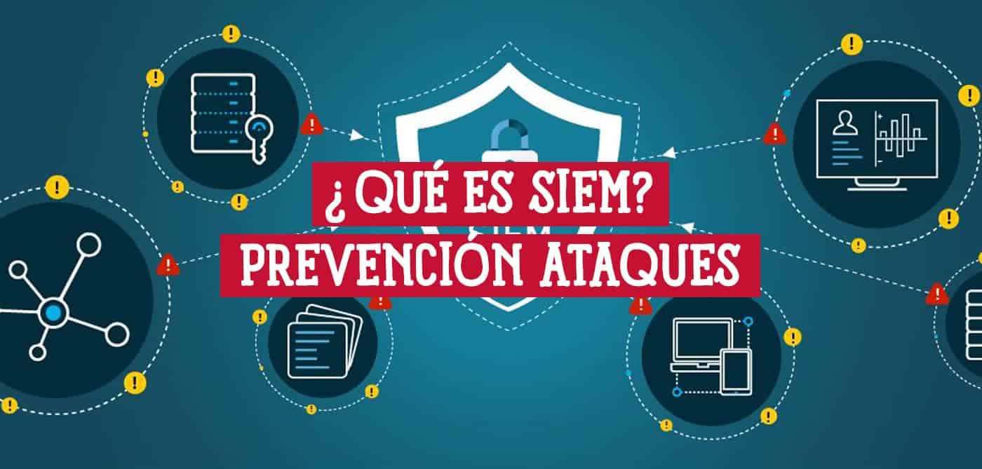 Gráfico que ilustra el concepto de SIEM, mostrando una red interconectada de dispositivos y servidores protegidos por un escudo, con alertas de seguridad.