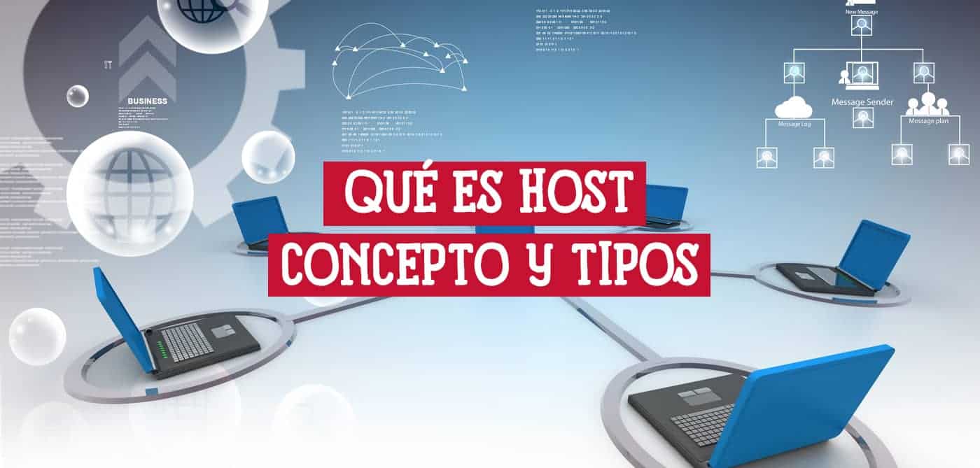 Ilustración de varios ordenadores portátiles conectados en red, con el texto "¿Qué es Host? Concepto y Tipos" superpuesto.