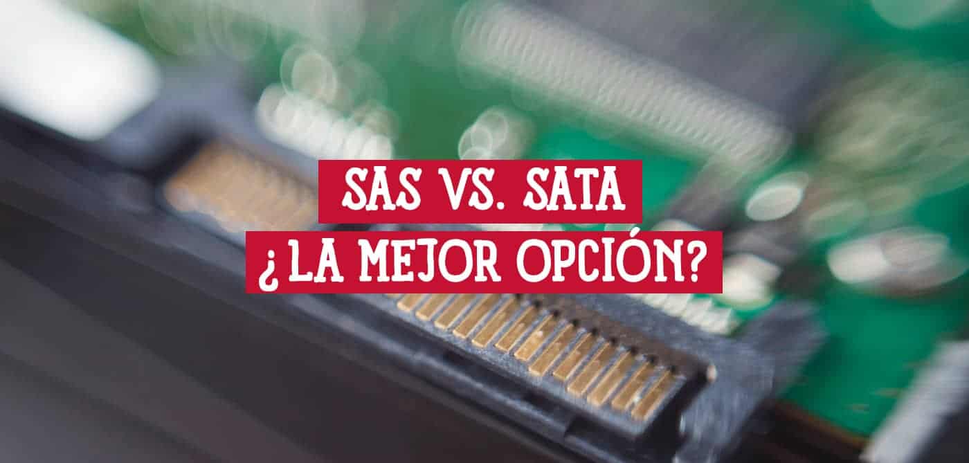 Primer plano de un conector SATA en una placa base verde, con texto superpuesto que pregunta "¿SAS vs. SATA: La mejor opción?".