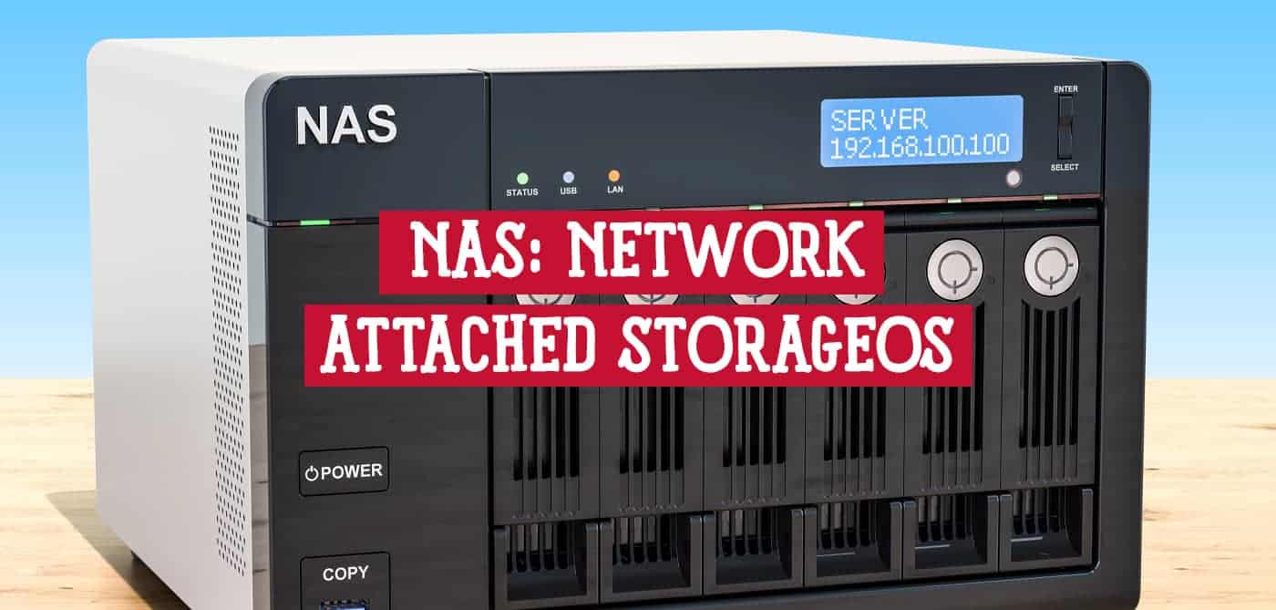 Imagen de un NAS (Network Attached Storage) con una interfaz frontal que muestra indicadores de estado, puertos USB y LAN, y bahías para discos duros.