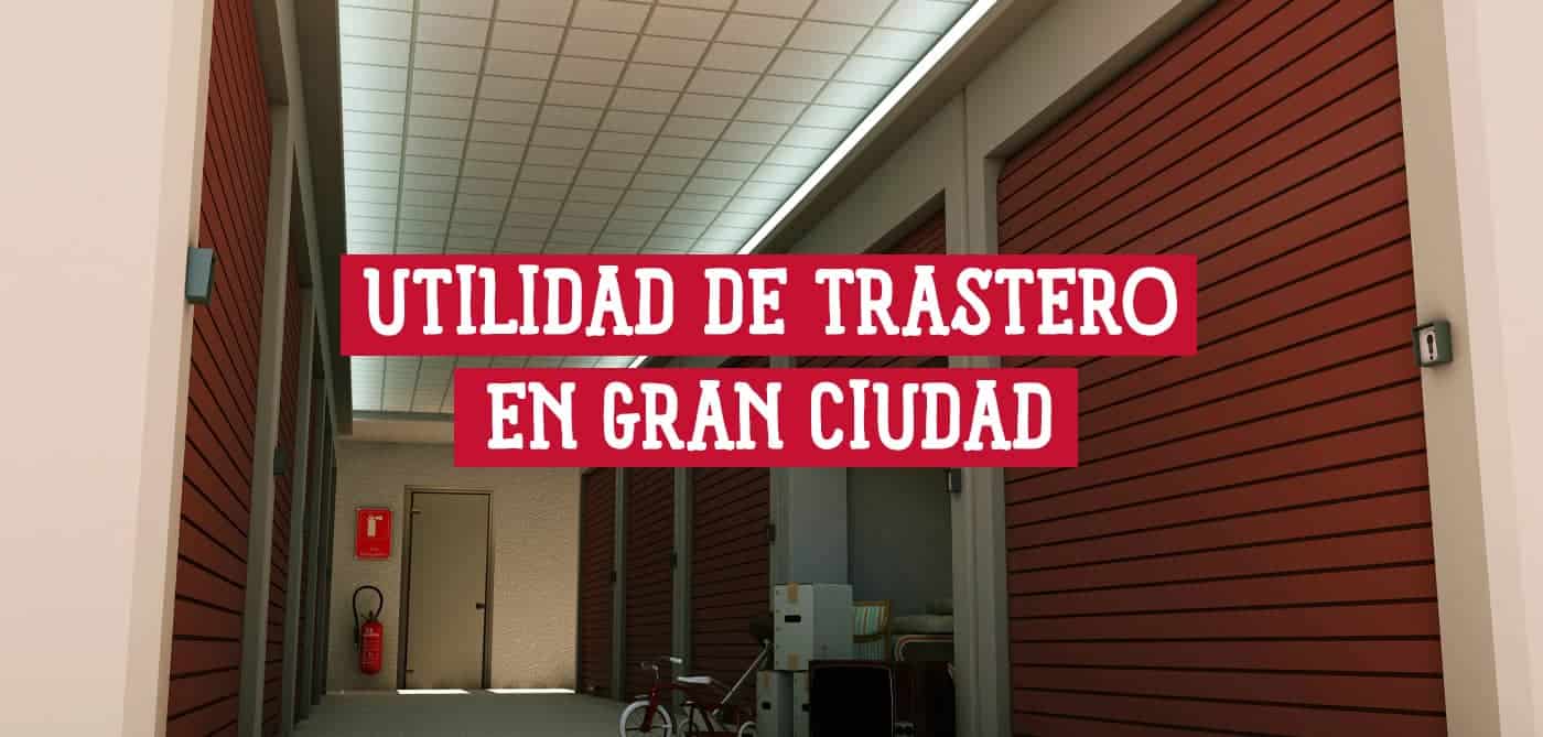 Interior de un trastero con varias unidades de almacenamiento. El texto "Utilidad de Trastero en Gran Ciudad" se superpone a la imagen.