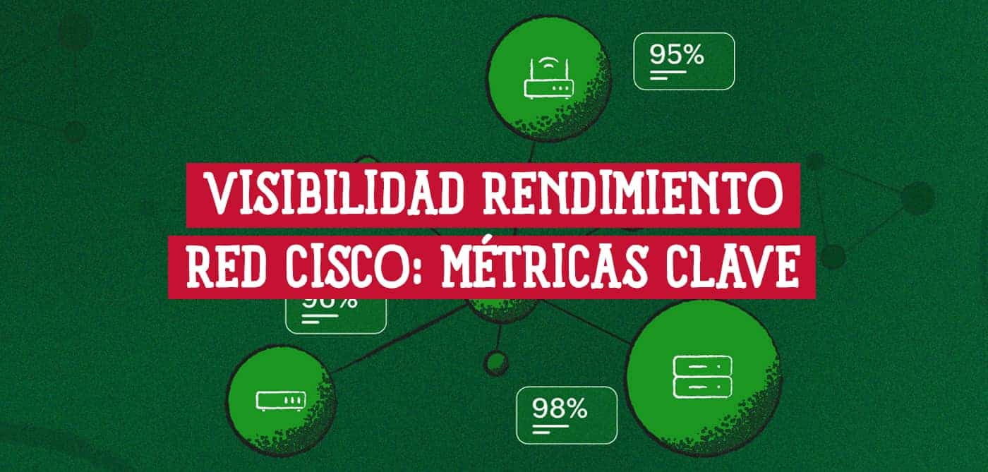 Representación gráfica de una red Cisco, con iconos de enrutadores, switches y servidores, mostrando porcentajes de rendimiento.