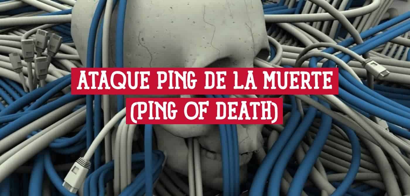 Una calavera enredada en cables de red, con el título 'ATAQUE PING DE LA MUERTE (PING OF DEATH)', simbolizando la saturación de la red.