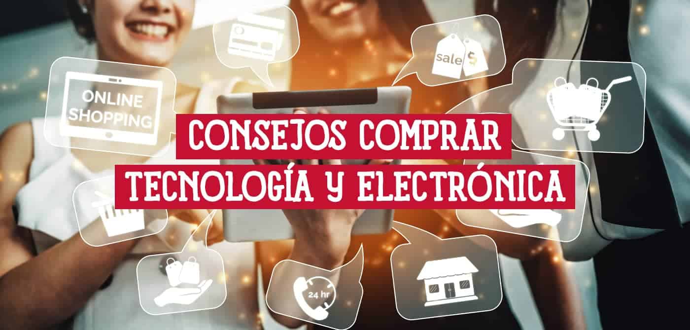 Tres mujeres mirando una tablet con iconos de compras online, mostrando consejos para comprar tecnología y electrónica.
