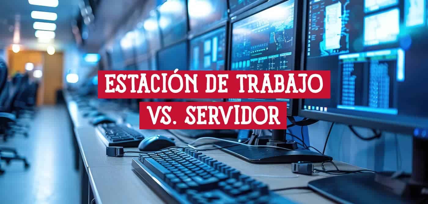 Una fila de estaciones de trabajo con múltiples monitores mostrando datos y gráficos, con el texto "ESTACIÓN DE TRABAJO VS. SERVIDOR" superpuesto.