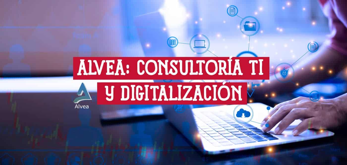 Imagen que promociona los servicios de Alvea, una empresa de consultoría TI y digitalización, mostrando a una persona usando un portátil y una red de iconos digitales.