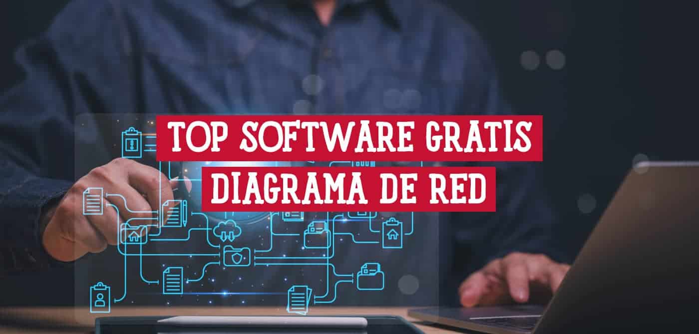 Una persona utiliza un ordenador portátil y parece interactuar con una interfaz digital que muestra iconos relacionados con la gestión de archivos y redes, con el texto "TOP SOFTWARE GRATIS DIAGRAMA DE RED" superpuesto.