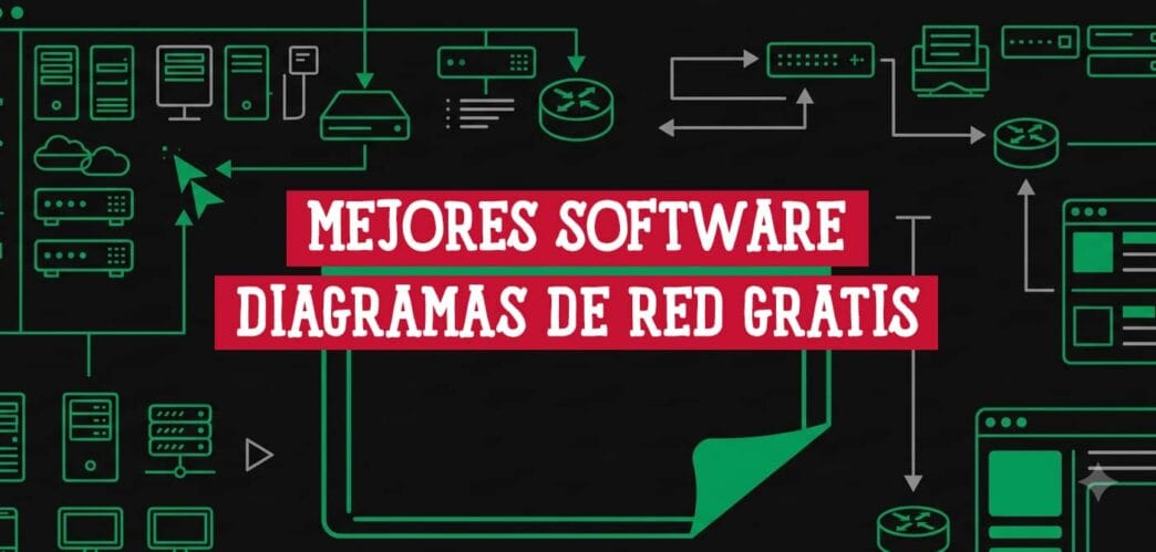 Iconos de dispositivos de red conectados en verde sobre fondo negro, ilustrando software para hacer diagramas de red gratis