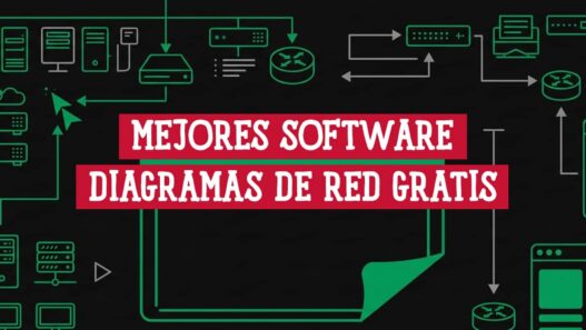 Iconos de dispositivos de red conectados en verde sobre fondo negro, ilustrando software para hacer diagramas de red gratis
