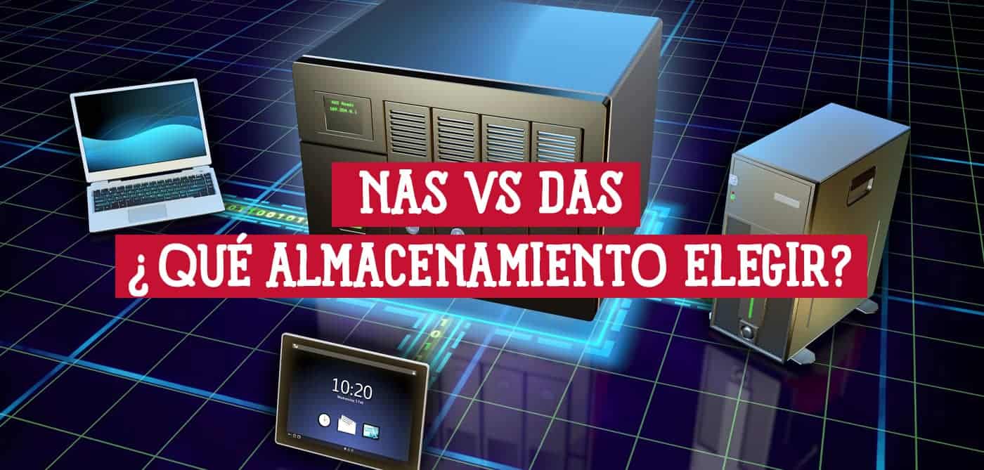 Imagen de un portátil, un NAS y un DAS sobre un fondo tecnológico. Post sobre la elección entre NAS y DAS para almacenamiento de datos.