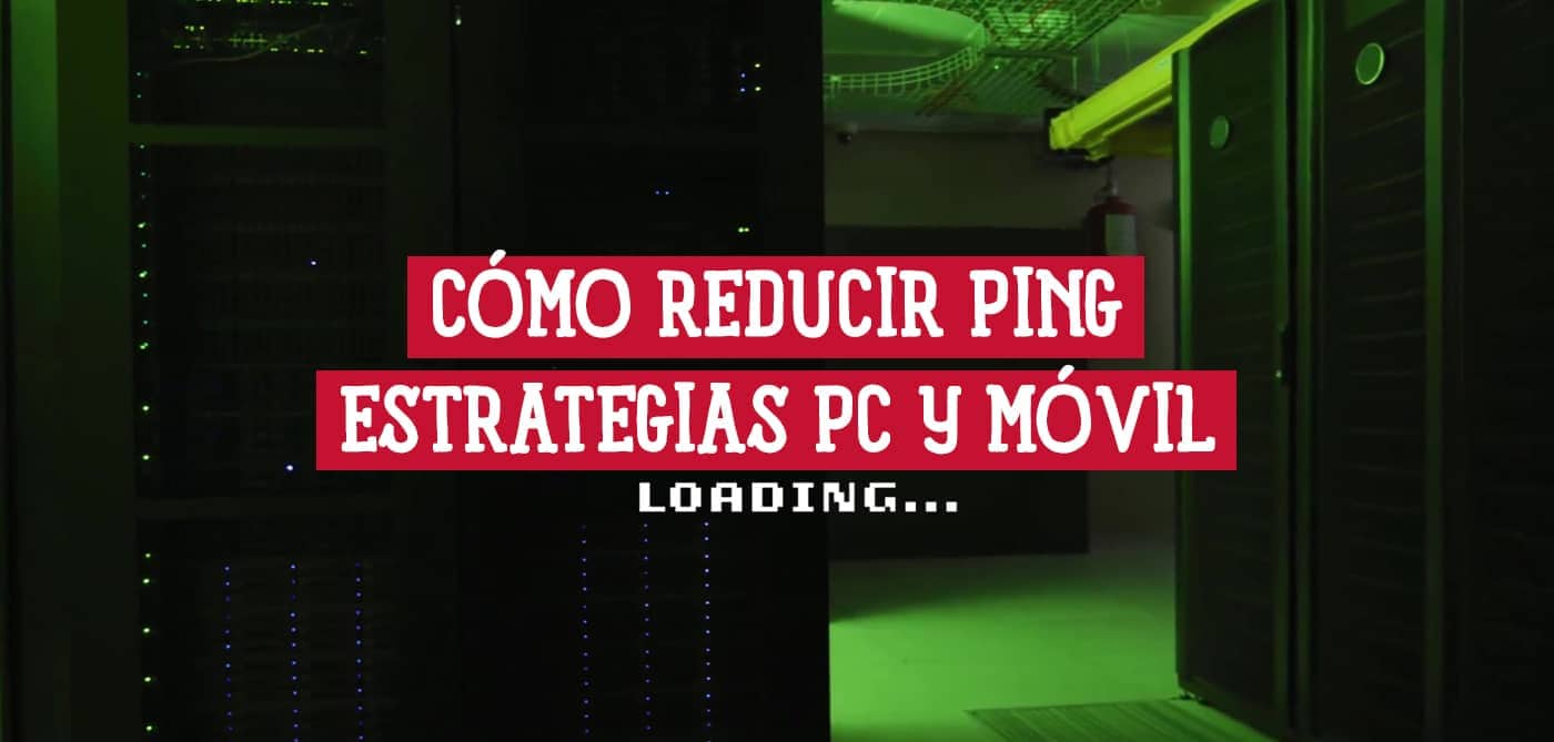 Guía con estrategias para PC y móvil sobre cómo reducir el ping, ilustrada con una imagen de un centro de servidores.