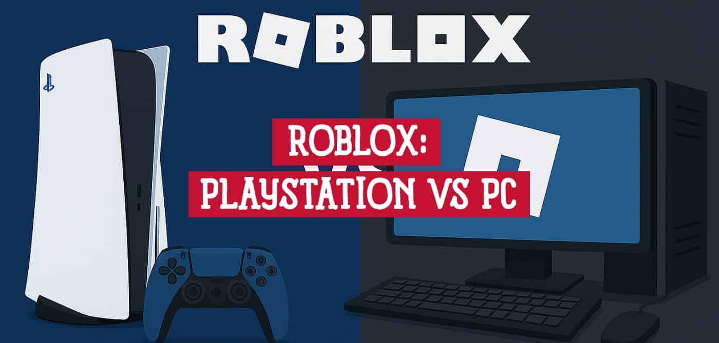 Portada ilustrativa del rendimiento de Roblox en PlayStation vs PC, mostrando una consola PS5 y un ordenador.