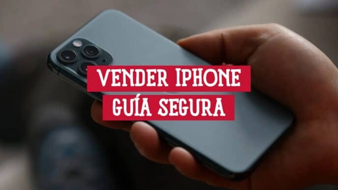 Mano sosteniendo un iPhone usado con el texto Vender iPhone Guía Segura
