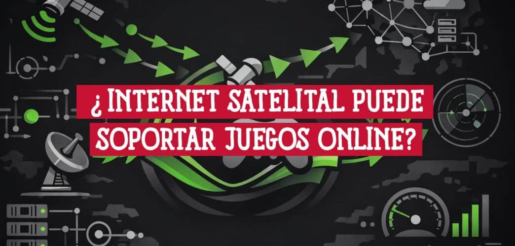 Internet satelital para juegos online: antena parabólica conectada a un mando de videojuego con flechas de datos verdes