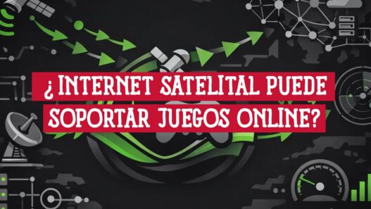 Internet satelital para juegos online: antena parabólica conectada a un mando de videojuego con flechas de datos verdes