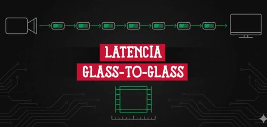 Siete etapas conectando cámara y pantalla que ilustra la latencia glass-to-glass del streaming en vivo