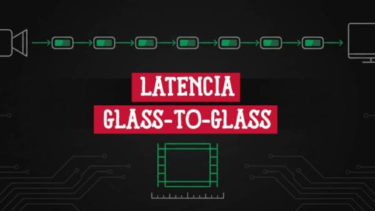 Siete etapas conectando cámara y pantalla que ilustra la latencia glass-to-glass del streaming en vivo