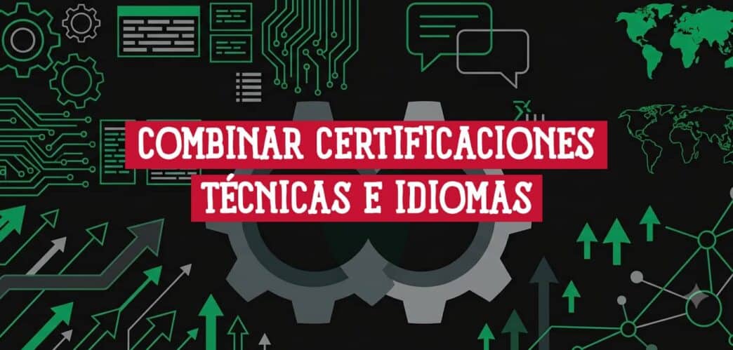 Engranajes y motivos tecnológicos junto a burbujas de diálogo y un mapamundi: combinar certificaciones técnicas e idiomas
