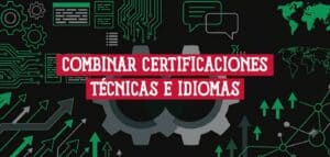 Engranajes y motivos tecnológicos junto a burbujas de diálogo y un mapamundi: combinar certificaciones técnicas e idiomas