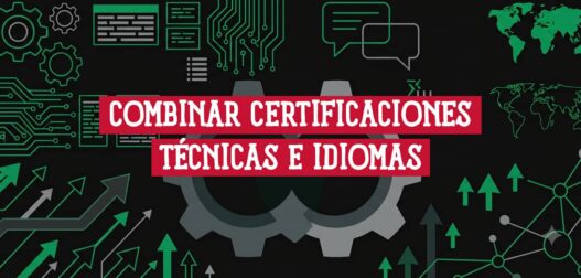 Engranajes y motivos tecnológicos junto a burbujas de diálogo y un mapamundi: combinar certificaciones técnicas e idiomas